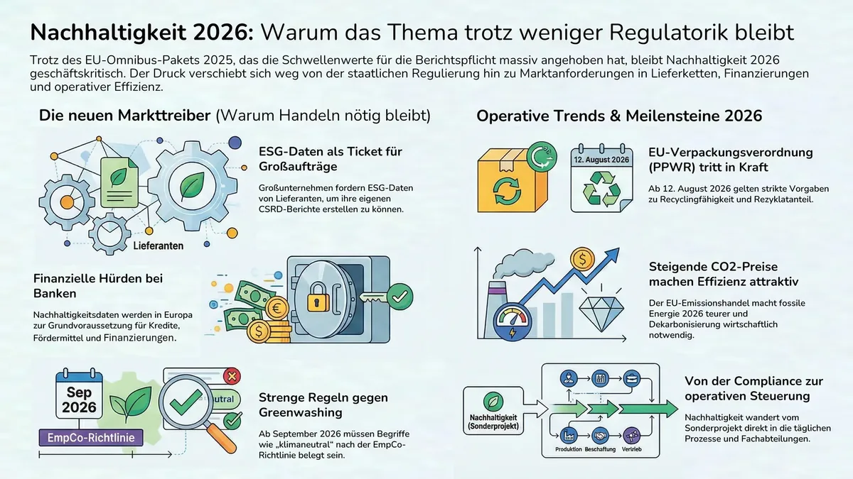 Infografik „Nachhaltigkeit 2026: Warum das Thema trotz weniger Regulatorik bleibt“ – links die neuen Markttreiber (ESG-Daten als Ticket für Großaufträge, finanzielle Hürden bei Banken, strenge Regeln gegen Greenwashing durch die EmpCo-Richtlinie ab September 2026), rechts die operativen Trends und Meilensteine 2026 (EU-Verpackungsverordnung PPWR tritt in Kraft, steigende CO₂-Preise machen Effizienz attraktiver, von der Compliance zur operativen Steuerung).